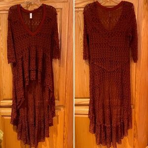 Vintage Free‎ People Sheer Lace High-Low Maxi Dress Tunic Rust Brown Size Medium